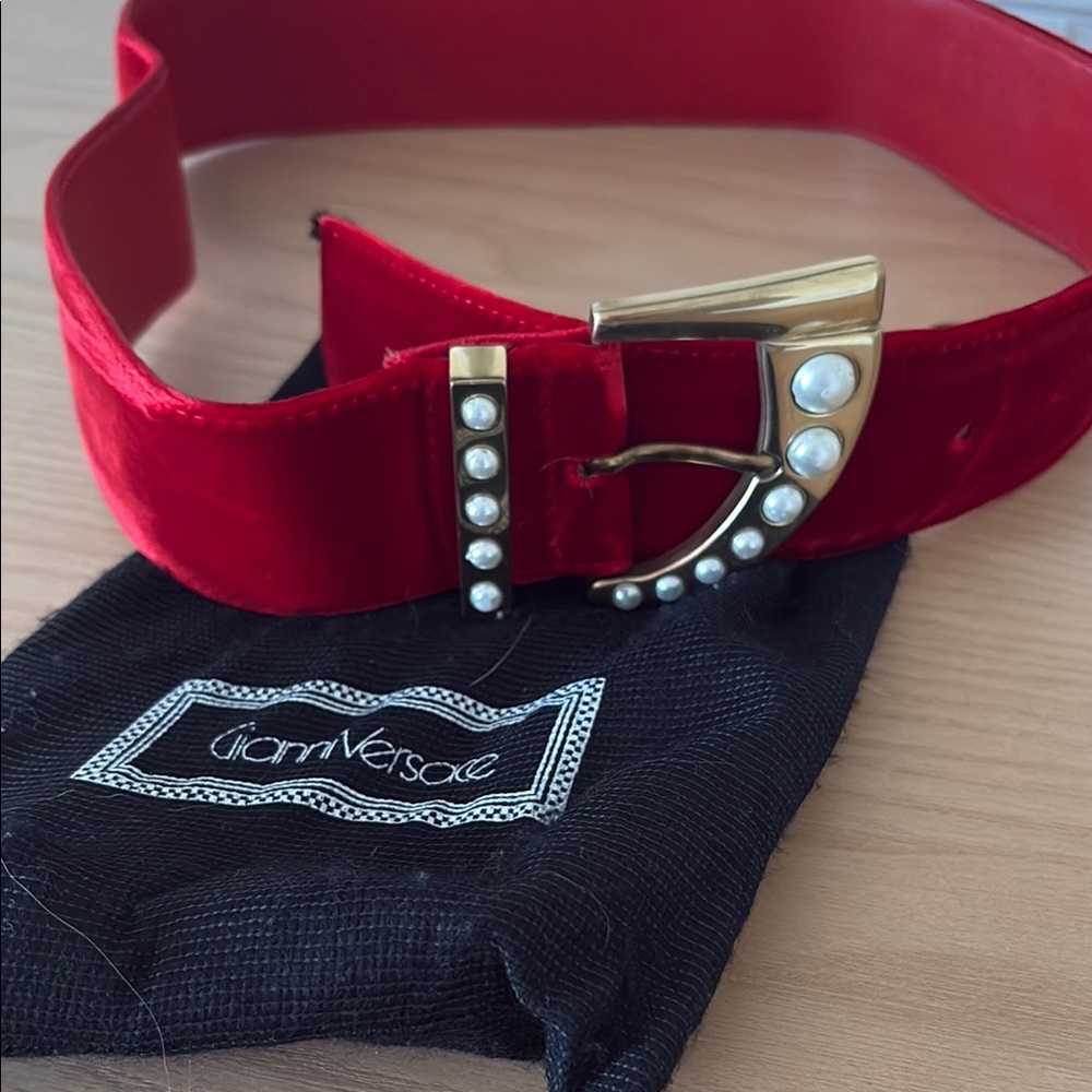 Versace Red Velvet Belt with Gold Buckle